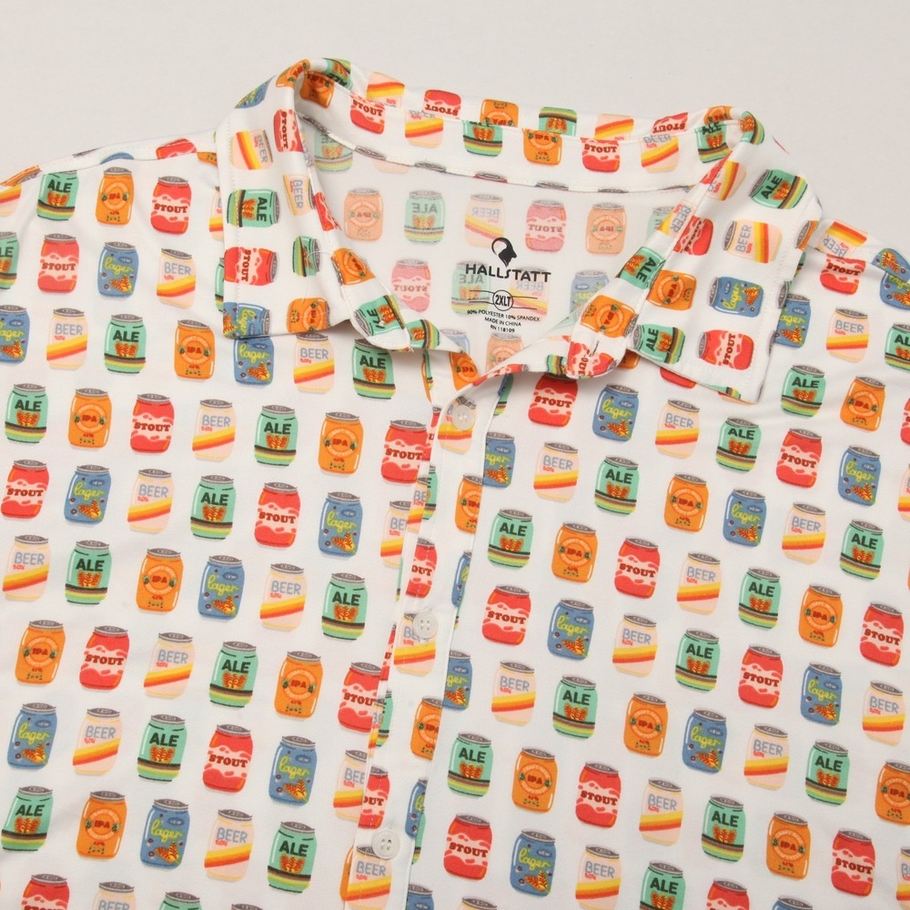 HALLSTATT Men's 2XLT Casual Button-Down Shirt Beer Can Print Short Sleeve White
